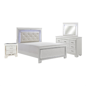 Benjara Alen 4 Pc Queen Size Bedroom Set- Button Tufting- Mirror Trim- White