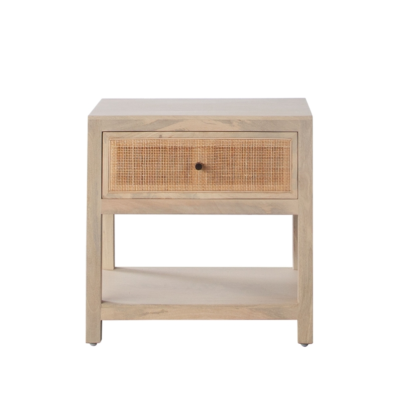 Benjara Sley Side End Table- Rattan Woven- Natural Brown Mango Wood 24 Inch