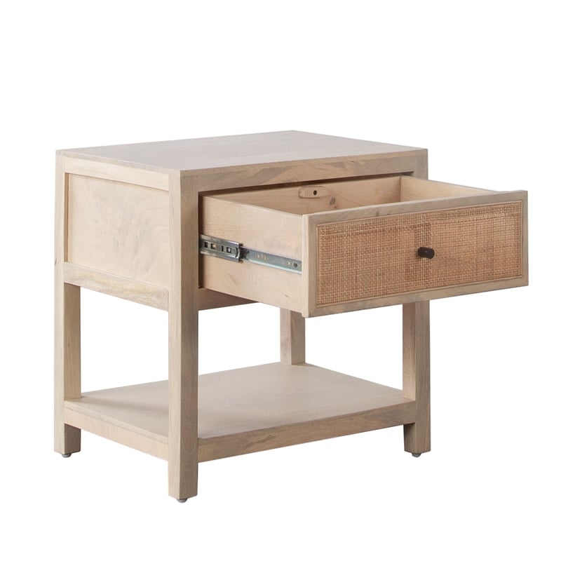 Benjara Sley Side End Table- Rattan Woven- Natural Brown Mango Wood 24 Inch