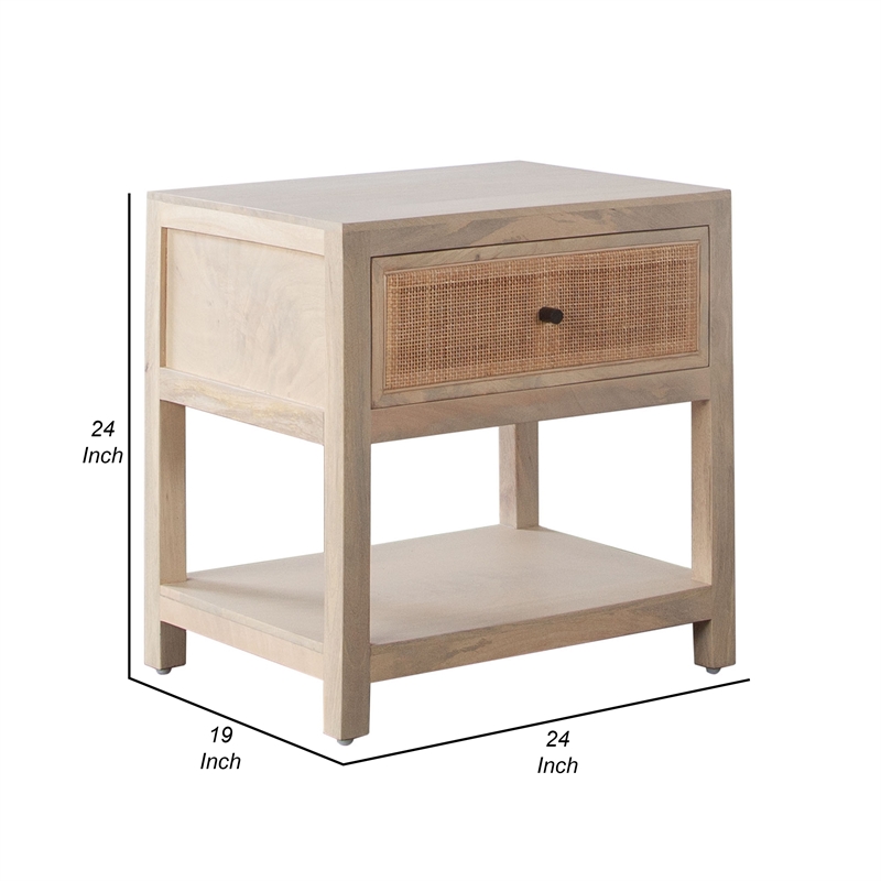 Benjara Sley Side End Table- Rattan Woven- Natural Brown Mango Wood 24 Inch