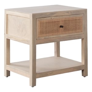 Benjara Sley Side End Table- Rattan Woven- Natural Brown Mango Wood 24 Inch