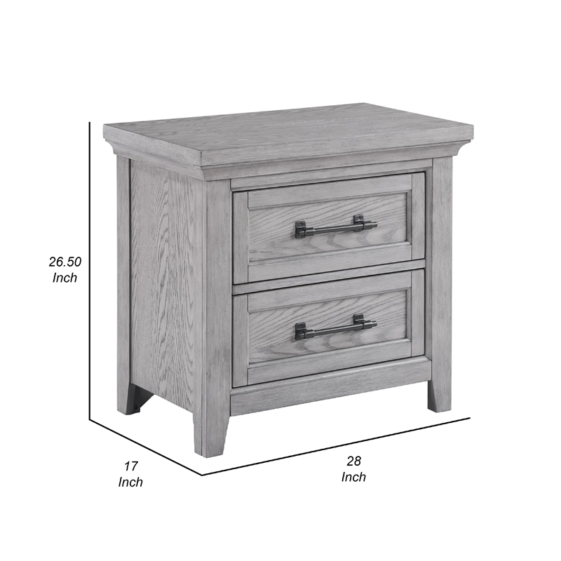 Benjara Bix Nightstand- 2 Dovetail Drawers- Bronze Handles- Light Gray