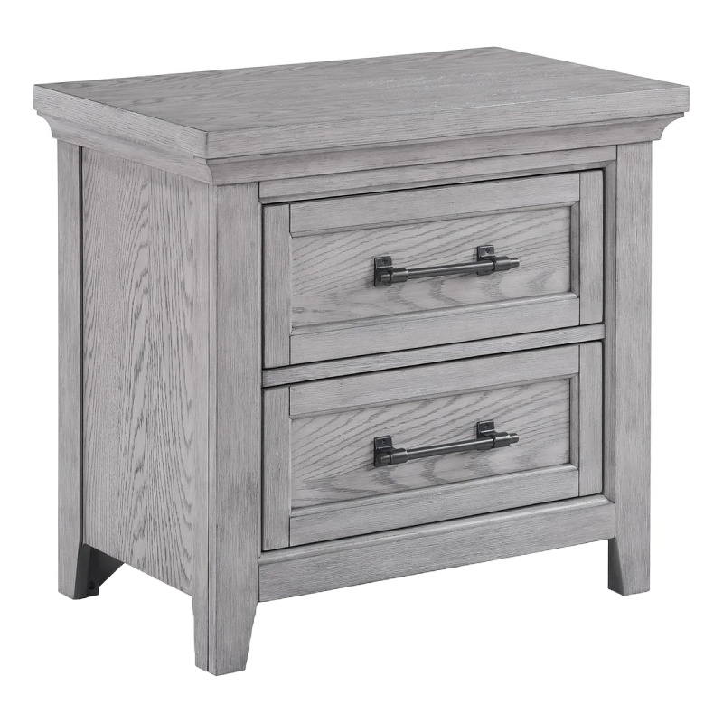 Benjara Bix Nightstand- 2 Dovetail Drawers- Bronze Handles- Light Gray