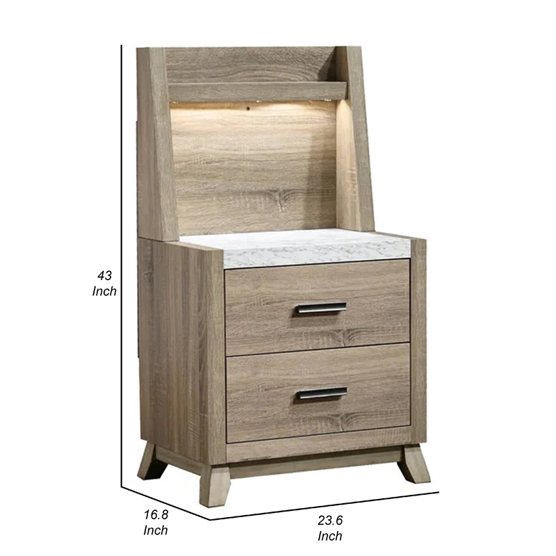 Benjara Tily Nightstand w Wall Panel- 2 Drawers- White Faux Stone Top- Brown