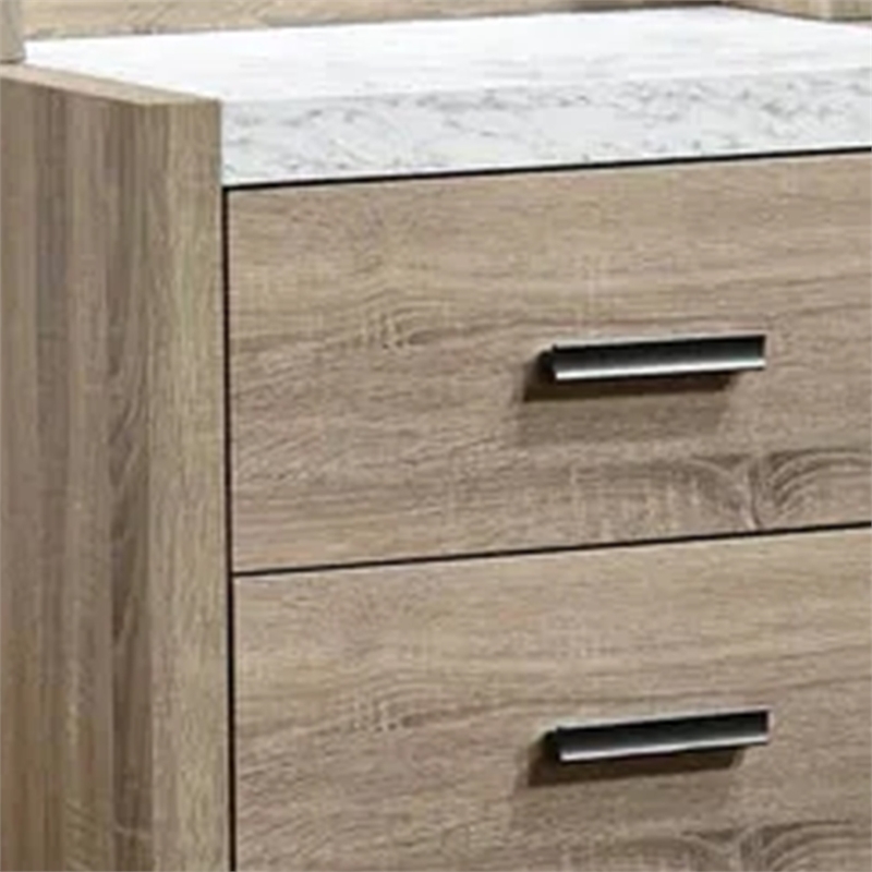 Benjara Tily Nightstand w Wall Panel- 2 Drawers- White Faux Stone Top- Brown