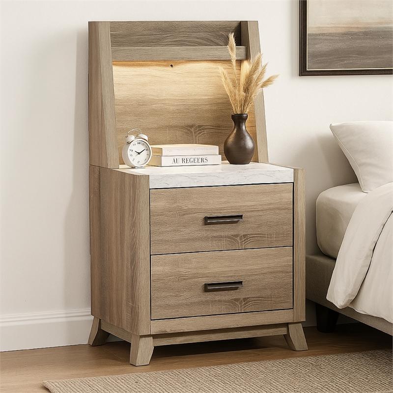 Benjara Tily Nightstand w Wall Panel- 2 Drawers- White Faux Stone Top- Brown