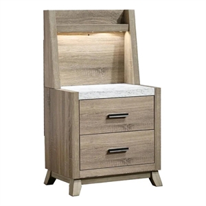 Benjara Tily Nightstand w Wall Panel- 2 Drawers- White Faux Stone Top- Brown