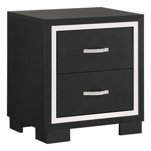 Benjara Geny Nightstand- 2 Drawers- Silver Trim and Metal Handles- Black Wood
