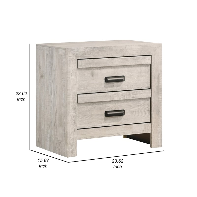 Benjara Velz Nightstand- 2 Drawers- Metal Finger Pull Handles- Weathered Beige