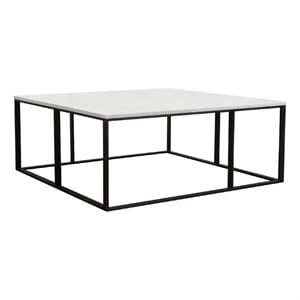 Benjara Lify Cocktail Coffee Table-Modern 39&quot Square White Marble Top-Black Base