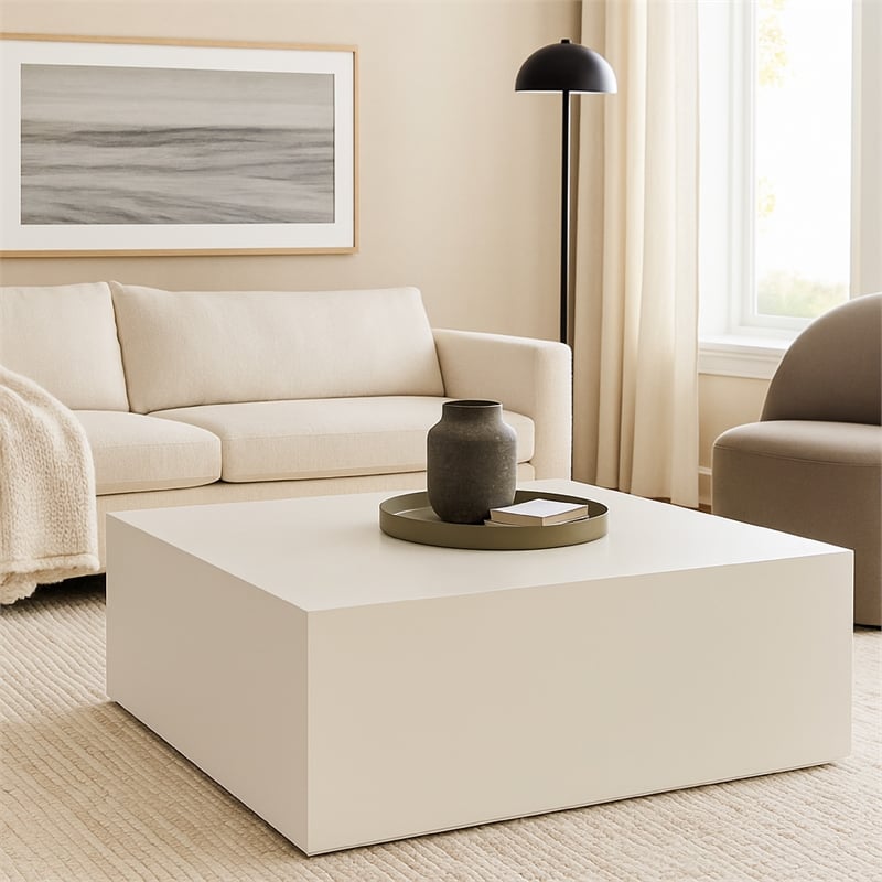 Benjara Viko Modern Square Coffee Table- White Wood Faux Concrete Finish- 39