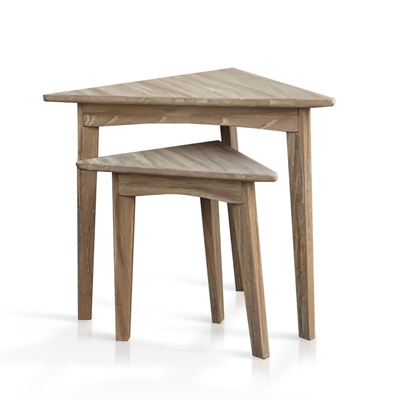 Benjara Liom Nesting Side Table Set of 2-Triangular Top-Natural Brown Mindi Wood