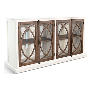 Benjara Camie TV Media Console w Glass Doors- 78 Inch- White Mahogany Wood