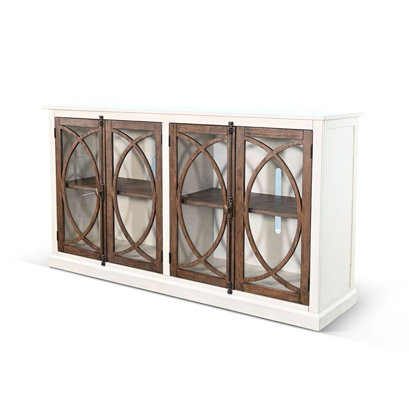 Benjara Camie TV Media Console w Glass Doors- 78 Inch- White Mahogany Wood