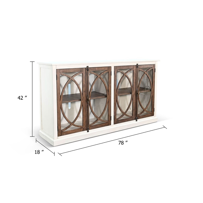 Benjara Camie TV Media Console w Glass Doors- 78 Inch- White Mahogany Wood