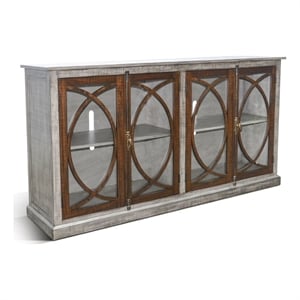 Benjara Camie TV Media Console- 78&quot w Glass Doors- Gray Mahogany Wood