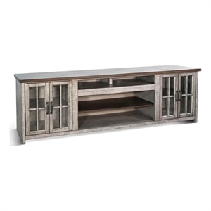 Benjara Zeka TV Media Console- 98&quot w 2 Glass Cabinets- Gray Mahogany Wood