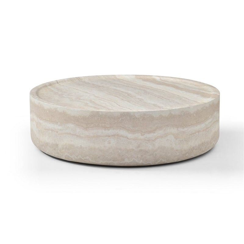 Benjara Cid Bena Large Coffee Table- Beige Travertine Sculptural Design- 43 Inch