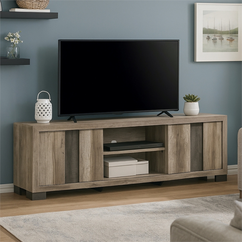 Benjara Amey TV Stand Media Cabinet- 2 Sliding Door and 2 Shelves- Gray Wood