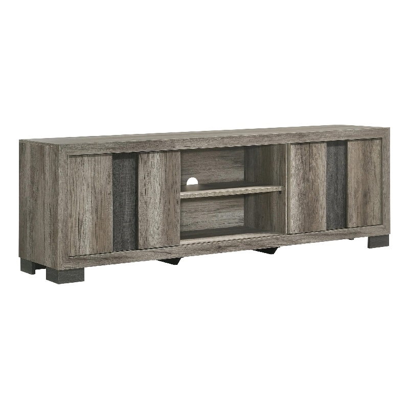 Benjara Amey TV Stand Media Cabinet- 2 Sliding Door and 2 Shelves- Gray Wood