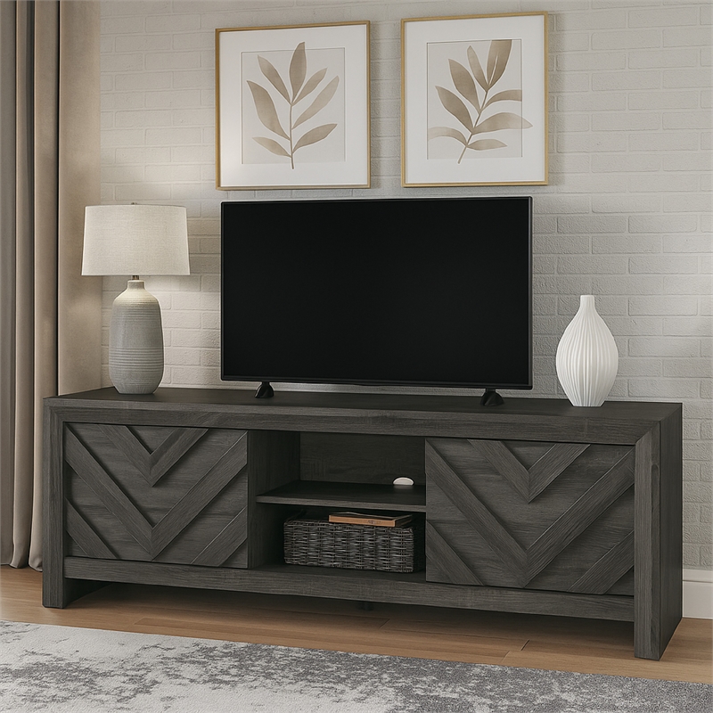 Benjara Velz TV Media Stand Cabinet- 2 Chevron Doors. Open Shelves- Dark Gray