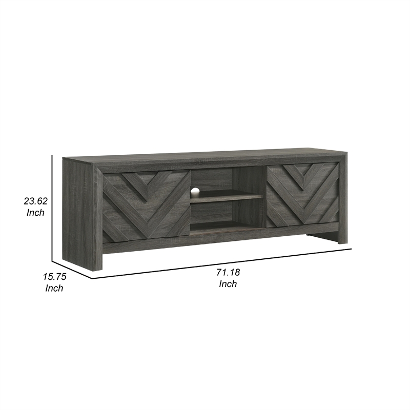 Benjara Velz TV Media Stand Cabinet- 2 Chevron Doors. Open Shelves- Dark Gray