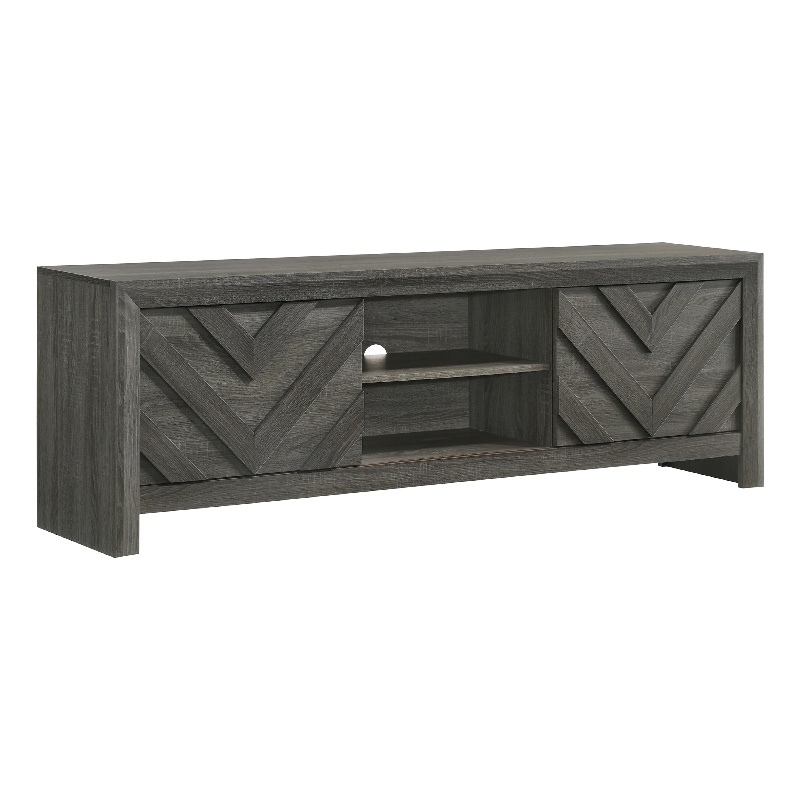 Benjara Velz TV Media Stand Cabinet- 2 Chevron Doors. Open Shelves- Dark Gray