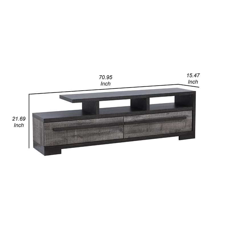 Benjara Ruthe TV Stand Media Console with 2 Drawers- Shelves- Black Gray Wood