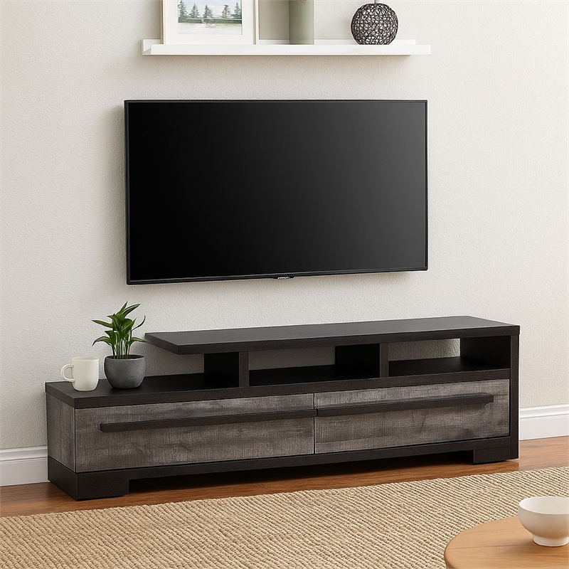 Benjara Ruthe TV Stand Media Console with 2 Drawers- Shelves- Black Gray Wood