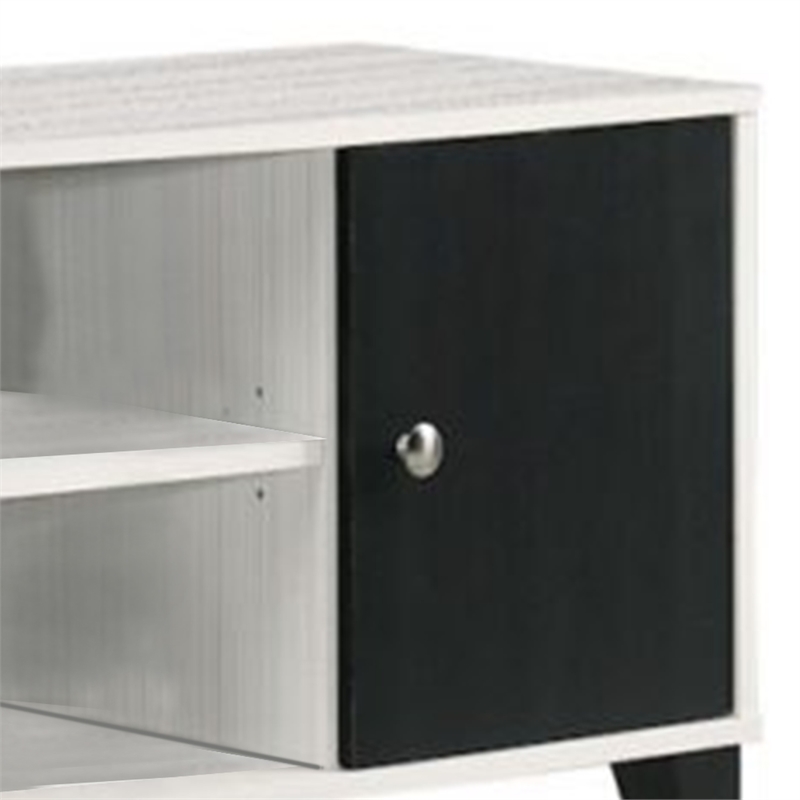 Benjara Akin TV Stand Media Center- 2 Doors w 4 Open Shelves- White- Black Wood