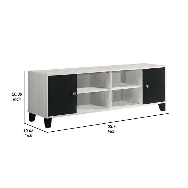 Benjara Akin TV Stand Media Center- 2 Doors w 4 Open Shelves- White- Black Wood