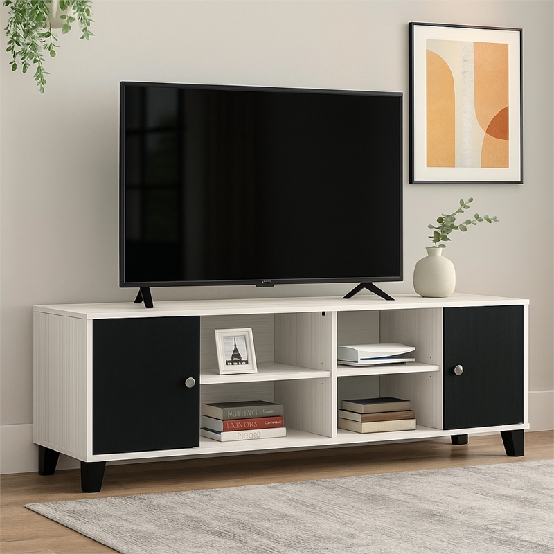 Benjara Akin TV Stand Media Center- 2 Doors w 4 Open Shelves- White- Black Wood