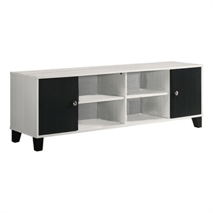 Benjara Akin TV Stand Media Center- 2 Doors w 4 Open Shelves- White- Black Wood
