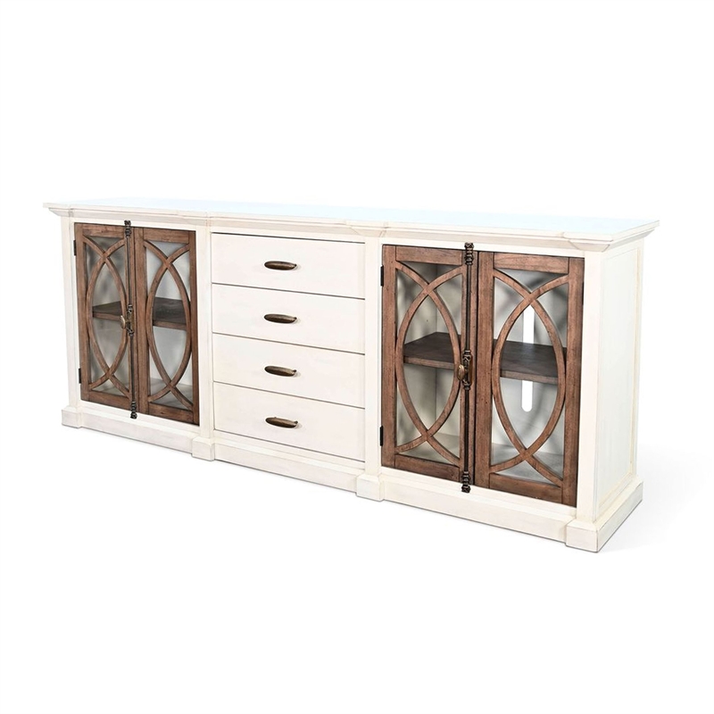 Benjara Camie TV Media Console- 4 Glass Cabinet Doors- White Solid Wood- 91 Inch