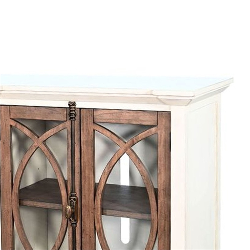 Benjara Camie TV Media Console- 4 Glass Cabinet Doors- White Solid Wood- 91 Inch