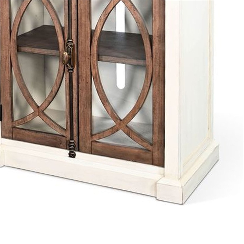 Benjara Camie TV Media Console- 4 Glass Cabinet Doors- White Solid Wood- 91 Inch