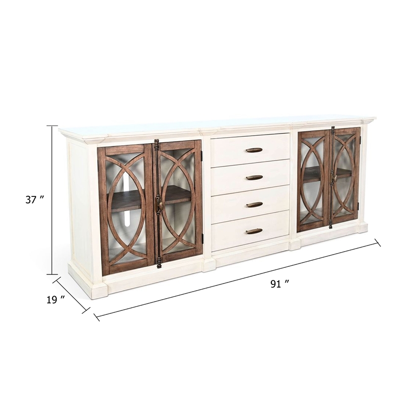 Benjara Camie TV Media Console- 4 Glass Cabinet Doors- White Solid Wood- 91 Inch