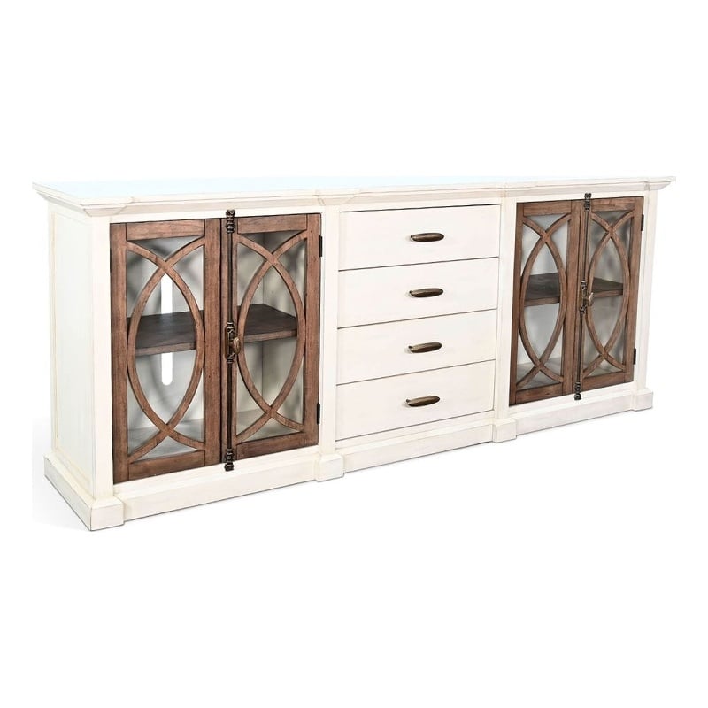 Benjara Camie TV Media Console- 4 Glass Cabinet Doors- White Solid Wood- 91 Inch