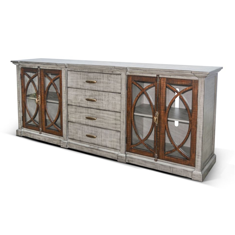 Benjara Camie TV Media Console- 4 Glass Cabinet Doors- Gray Solid Wood- 91 Inch