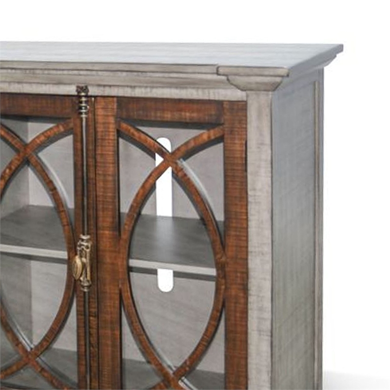 Benjara Camie TV Media Console- 4 Glass Cabinet Doors- Gray Solid Wood- 91 Inch