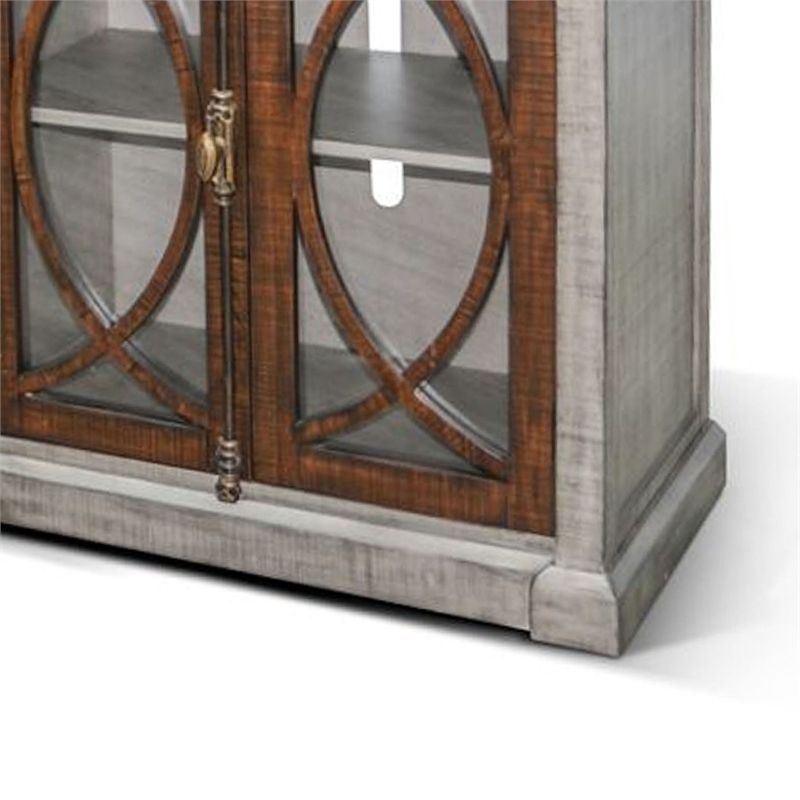 Benjara Camie TV Media Console- 4 Glass Cabinet Doors- Gray Solid Wood- 91 Inch