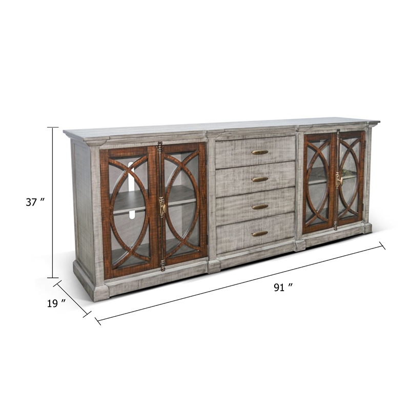 Benjara Camie TV Media Console- 4 Glass Cabinet Doors- Gray Solid Wood- 91 Inch