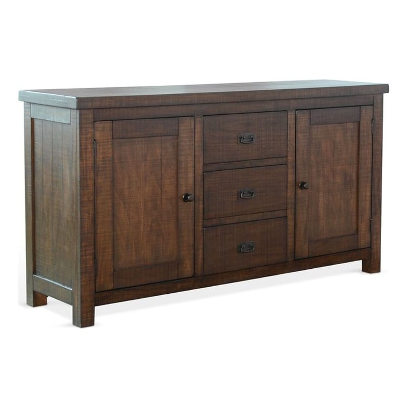 Benjara Camie Buffet Cabinet- 3 Drawers- Wine Racks- Brown Mahogany Wood