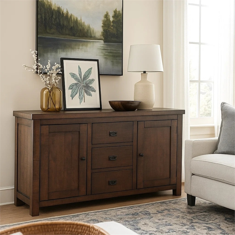 Benjara Camie Buffet Cabinet- 3 Drawers- Wine Racks- Brown Mahogany Wood