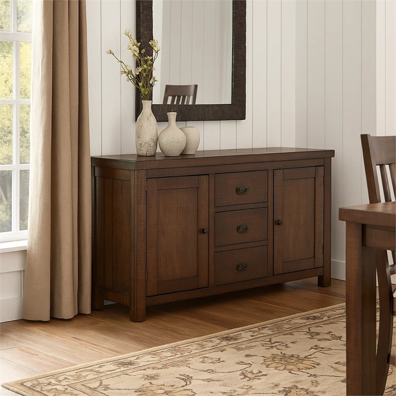 Benjara Camie Buffet Cabinet- 3 Drawers- Wine Racks- Brown Mahogany Wood