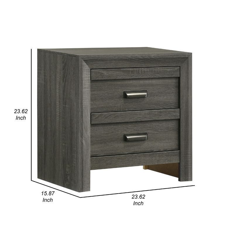 Benjara Velz Nightstand- 2 Drawers- Metal Finger Pull Handles- Dark Gray Wood