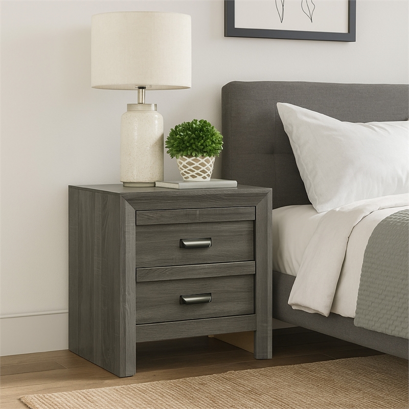 Benjara Velz Nightstand- 2 Drawers- Metal Finger Pull Handles- Dark Gray Wood