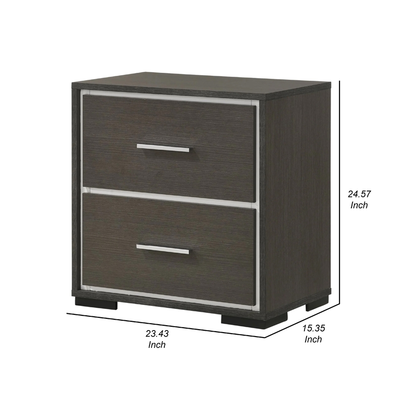 Benjara Hez Nightstand- 2 Drawers- Silver Trim- Modern Dark Brown Finish