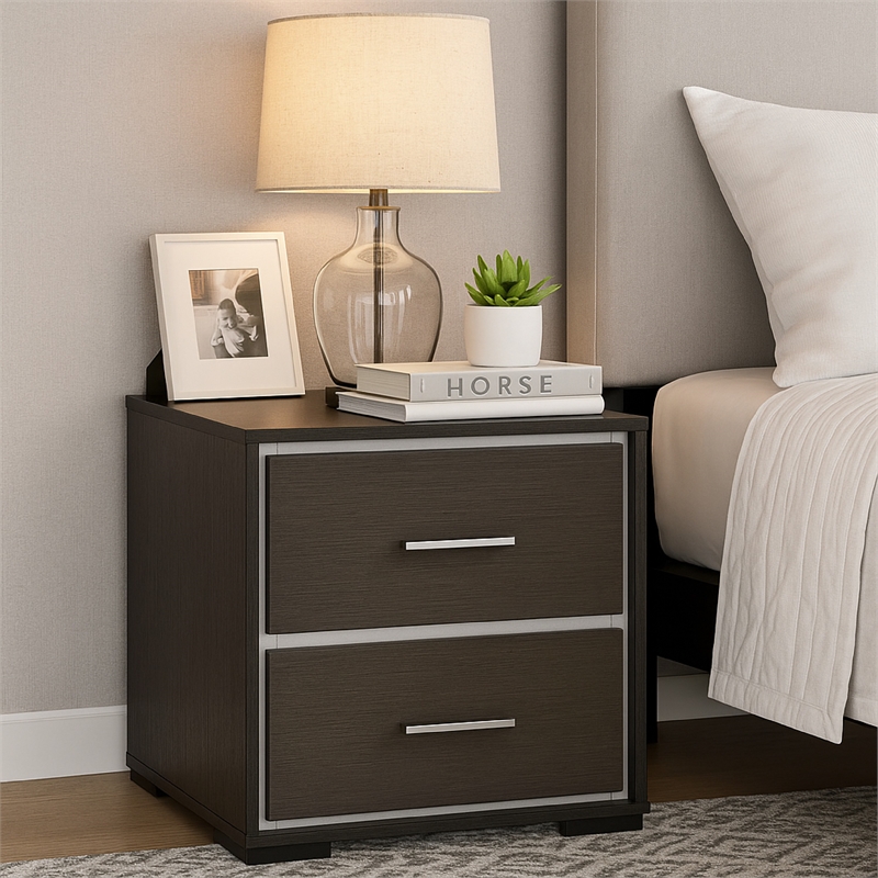 Benjara Hez Nightstand- 2 Drawers- Silver Trim- Modern Dark Brown Finish