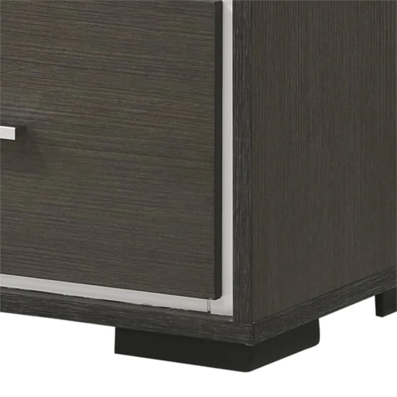 Benjara Hez Nightstand- 2 Drawers- Silver Trim- Modern Dark Brown Finish